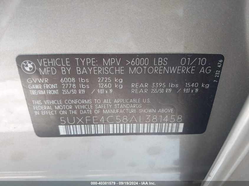 5UXFE4C58AL381458 2010 BMW X5 xDrive30I