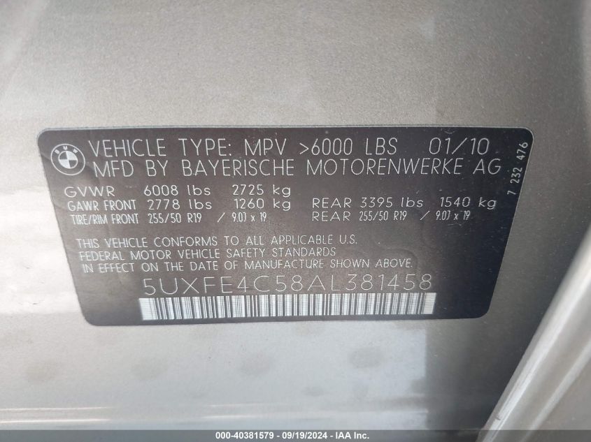 2010 BMW X5 xDrive30I VIN: 5UXFE4C58AL381458 Lot: 40381579