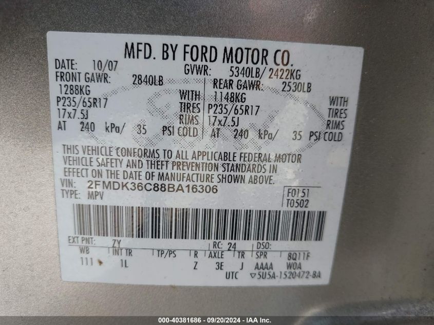 2008 Ford Edge Se VIN: 2FMDK36C88BA16306 Lot: 40381686