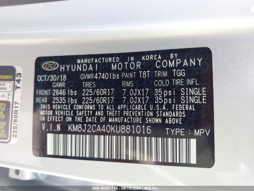 KM8J2CA40KU881016 2019 Hyundai Tucson Se