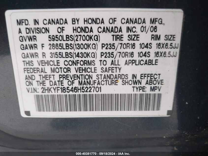 2006 Honda Pilot Ex-L VIN: 2HKYF18546H522701 Lot: 40381770