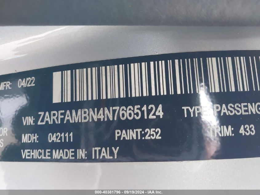 2022 Alfa Romeo Giulia Ti Rwd VIN: ZARFAMBN4N7665124 Lot: 40381796