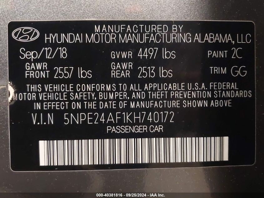 5NPE24AF1KH740172 2019 Hyundai Sonata Se