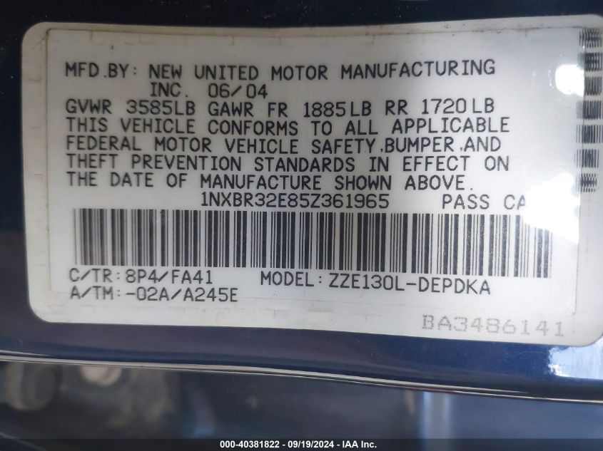 2005 Toyota Corolla Ce VIN: 1NXBR32E85Z361965 Lot: 40381822