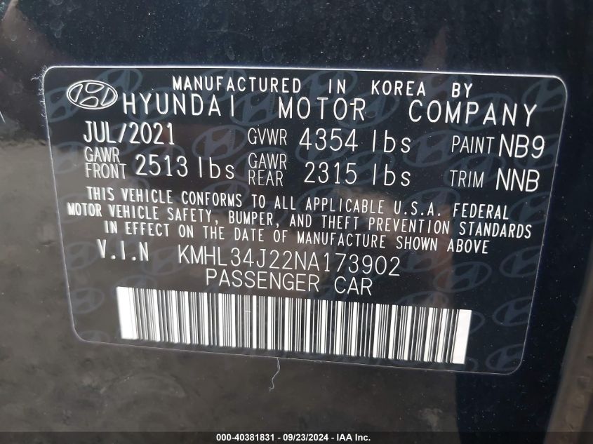 2022 Hyundai Sonata Limited VIN: KMHL34J22NA173902 Lot: 40381831