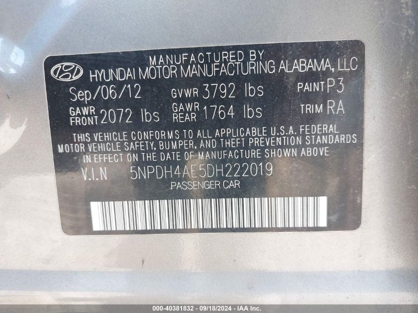 5NPDH4AE5DH222019 2013 Hyundai Elantra Gls