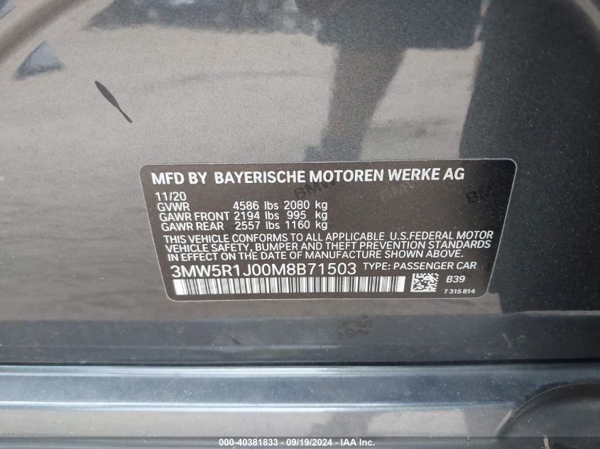 2021 BMW 330I VIN: 3MW5R1J00M8B71503 Lot: 40381833