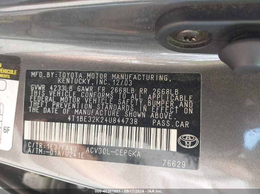 4T1BE32K24U844738 2004 Toyota Camry Xle