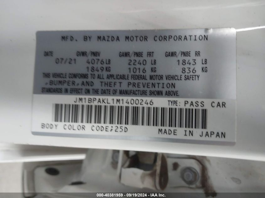 JM1BPAKL1M1400246 2021 Mazda Mazda3 Select