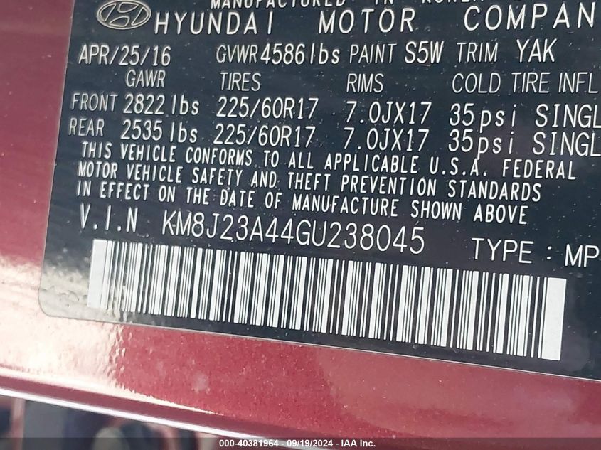 KM8J23A44GU238045 2016 Hyundai Tucson Se