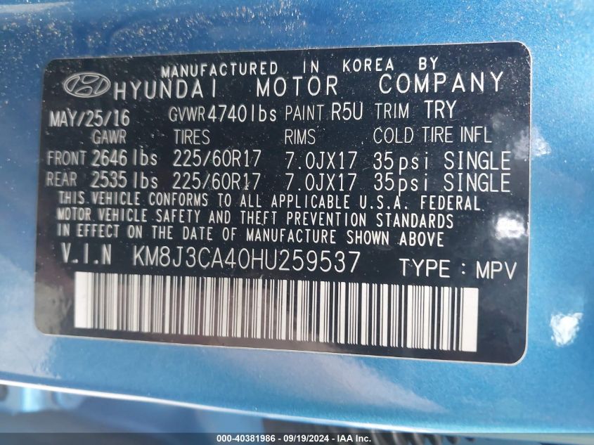 KM8J3CA40HU259537 2017 Hyundai Tucson Se