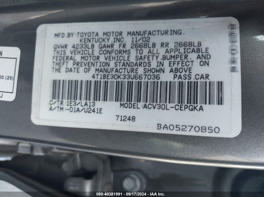 4T1BE30K33U667036 2003 Toyota Camry Xle