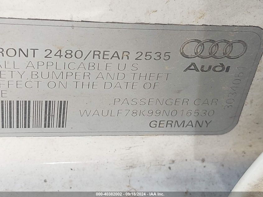 2009 Audi A4 2.0T Premium VIN: WAULF78K99N016530 Lot: 40382002