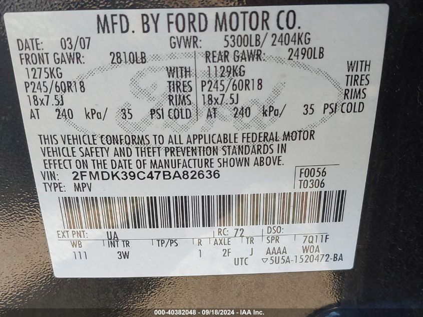 2007 Ford Edge Sel Plus VIN: 2FMDK39C47BA82636 Lot: 40382048