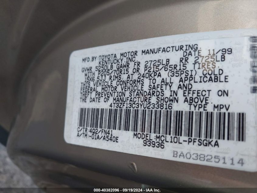 4T3ZF13C3YU233816 2000 Toyota Sienna Le