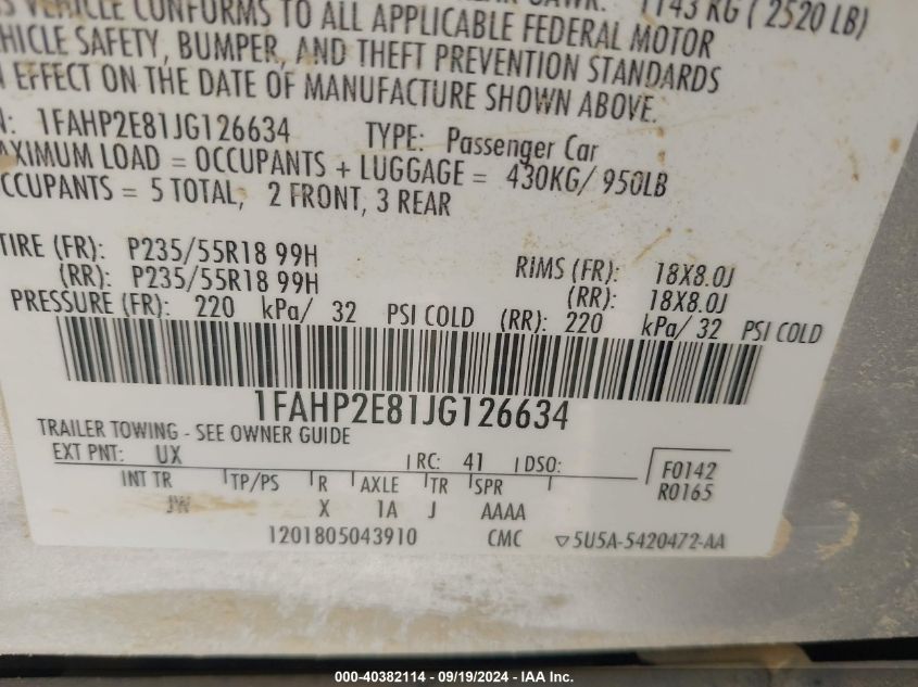 1FAHP2E81JG126634 2018 Ford Taurus Sel