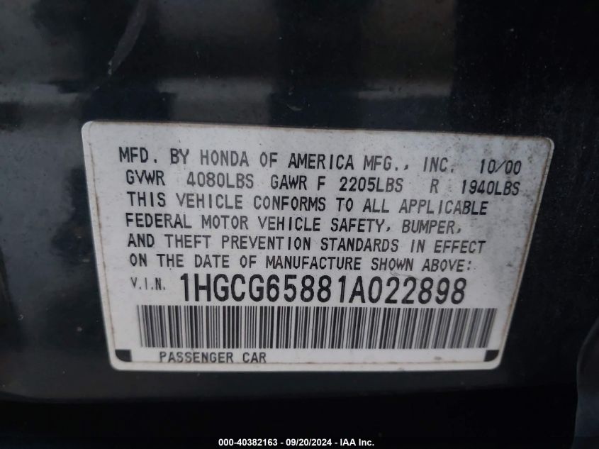 1HGCG65881A022898 2001 Honda Accord 2.3 Ex