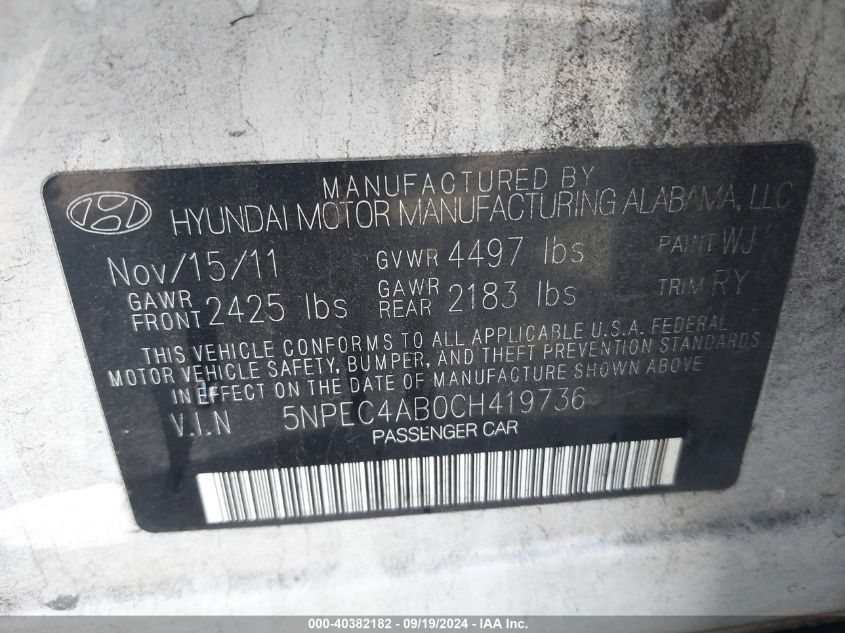 5NPEC4AB0CH419736 2012 Hyundai Sonata Se 2.0T