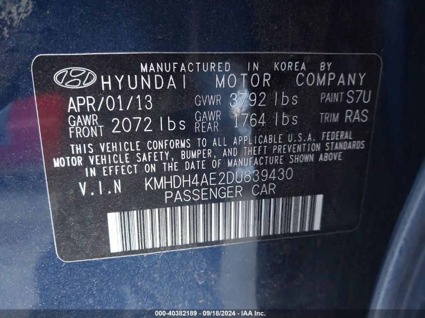 2013 Hyundai Elantra Gls VIN: KMHDH4AE2DU839430 Lot: 40382189