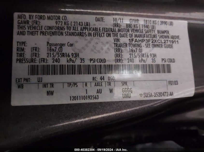 2012 Ford Focus Se VIN: 1FAHP3F2XCL271911 Lot: 40382304