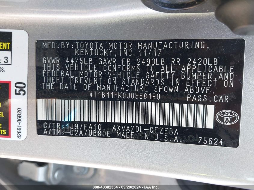 4T1B11HK0JU558180 2018 Toyota Camry L