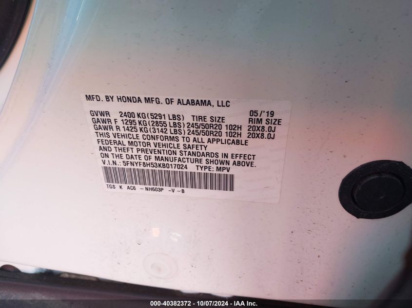 2019 Honda Passport Exl VIN: 5FNYF8H53KB017024 Lot: 40382372