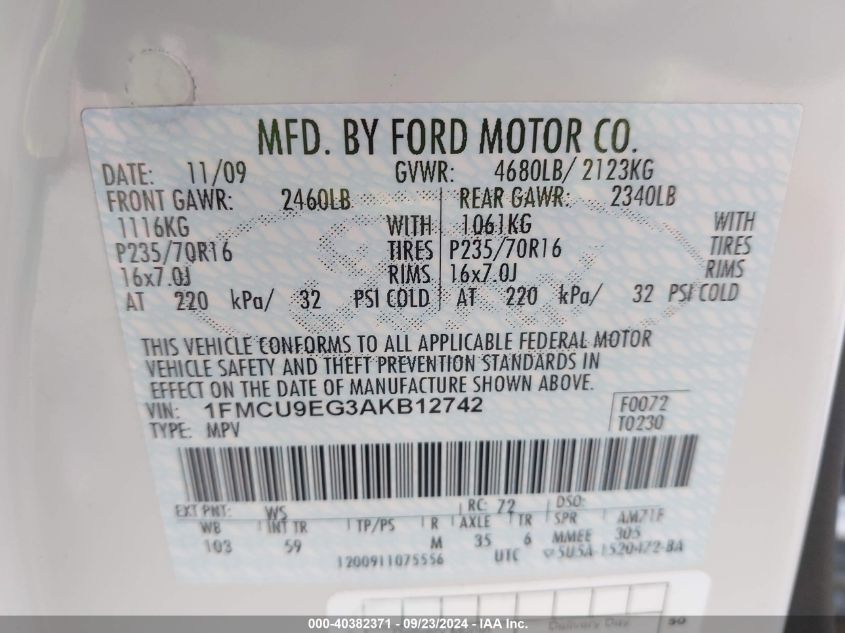 1FMCU9EG3AKB12742 2010 Ford Escape Limited