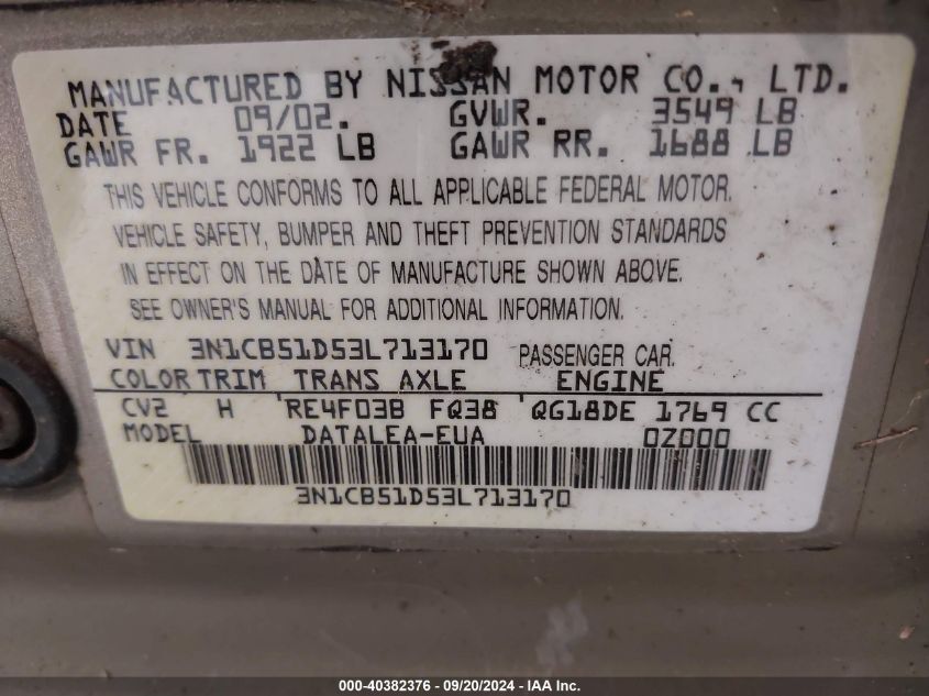 3N1CB51D53L713170 2003 Nissan Sentra Gxe