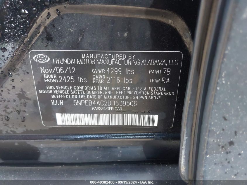 5NPEB4AC2DH639506 2013 Hyundai Sonata Gls