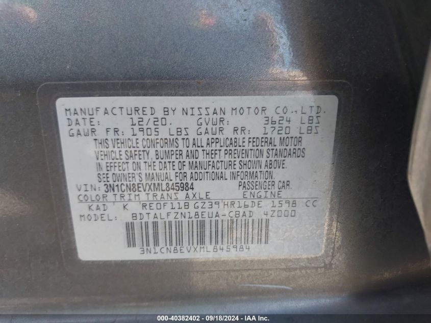 3N1CN8EVXML845984 2021 Nissan Versa Sv Xtronic Cvt