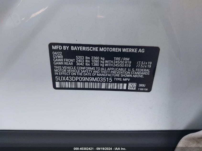 2022 BMW X3 Sdrive30I VIN: 5UX43DP09N9M03515 Lot: 40382421