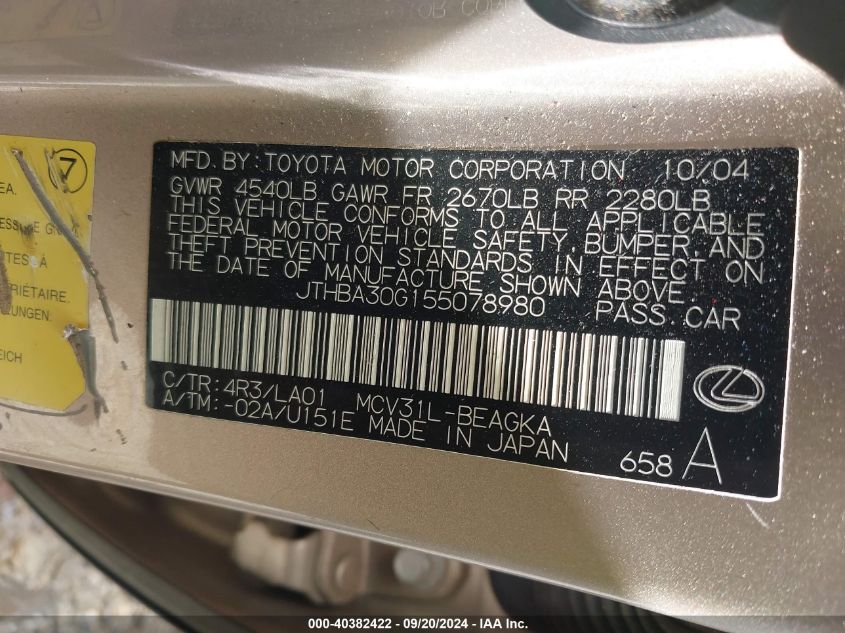 JTHBA30G155078980 2005 Lexus Es 330