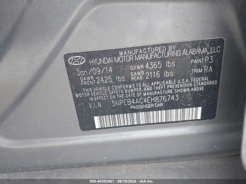 5NPEB4AC4EH876743 2014 Hyundai Sonata Gls