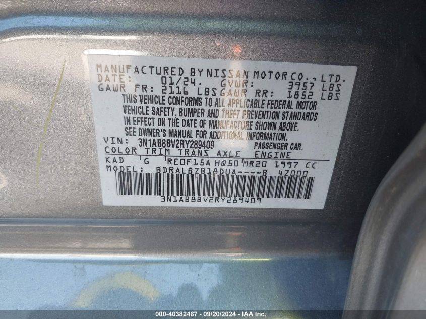 2024 Nissan Sentra S Xtronic Cvt VIN: 3N1AB8BV2RY289409 Lot: 40382467