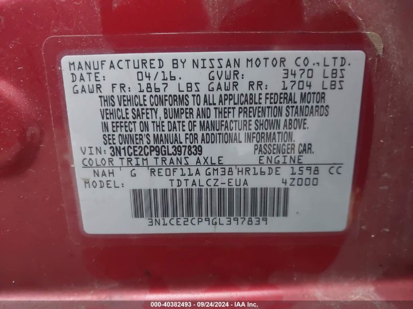 3N1CE2CP9GL397839 2016 Nissan Versa Note S/S Plus/Sv/Sl/Sr