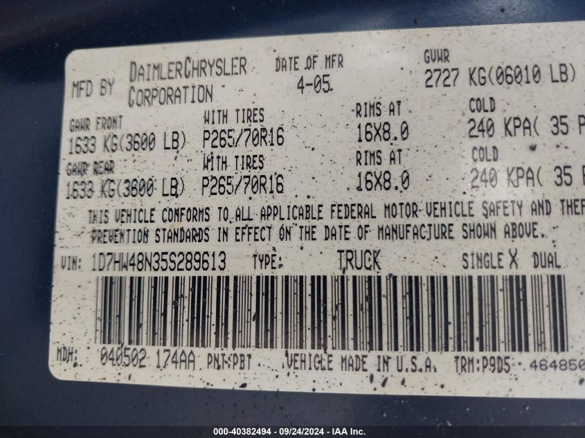1D7HW48N35S289613 2005 Dodge Dakota Slt