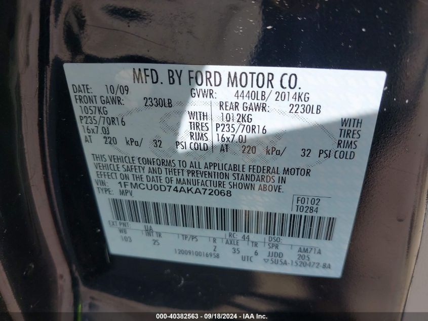 1FMCU0D74AKA72068 2010 Ford Escape Xlt