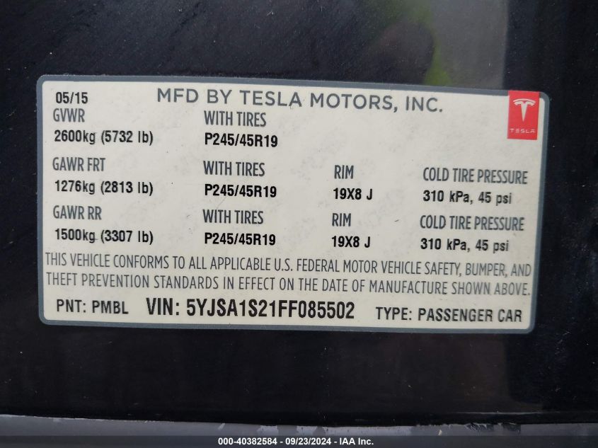 5YJSA1S21FF085502 2015 Tesla Model S 70D/85D/P85D