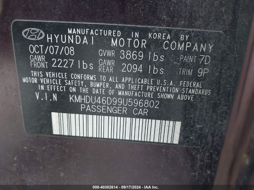 2009 Hyundai Elantra Se VIN: KMHDU46D99U596802 Lot: 40382614