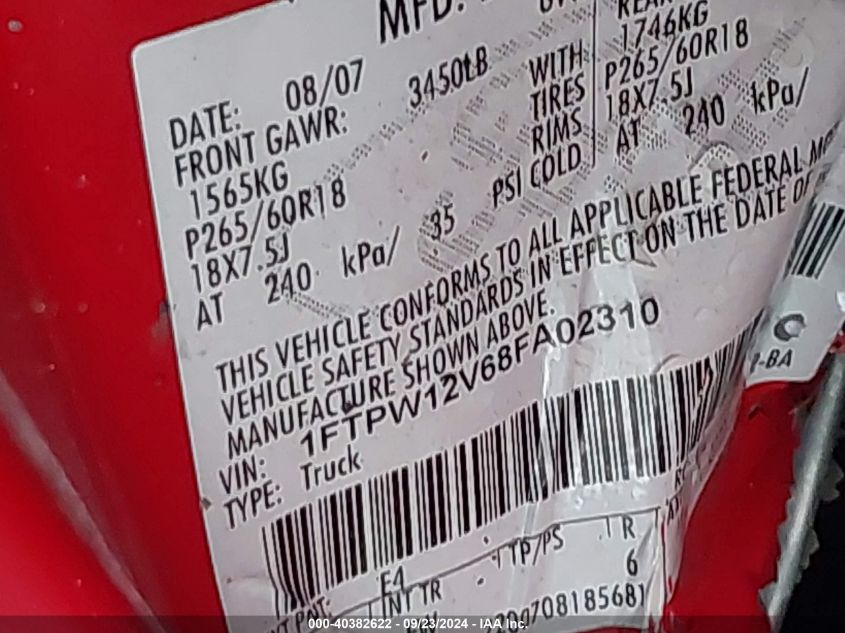 2008 Ford F-150 Xlt VIN: 1FTPW12V68FA02310 Lot: 40382622