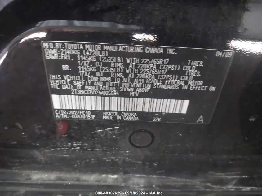 2T3BK33VX9W005694 2009 Toyota Rav4 Base V6