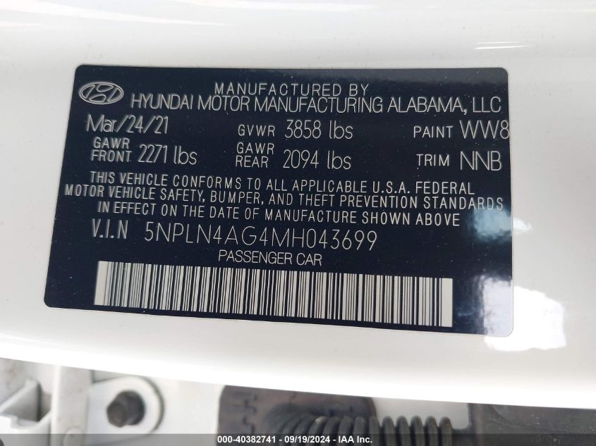 2021 HYUNDAI ELANTRA SEL - 5NPLN4AG4MH043699