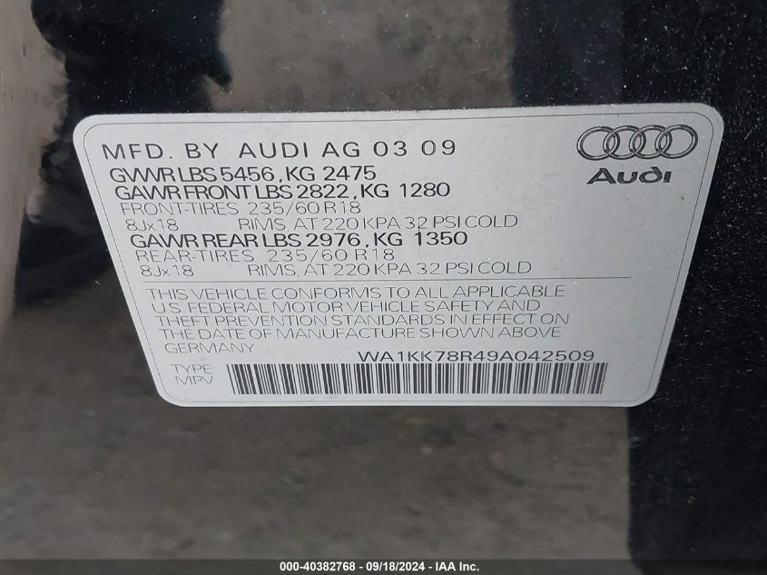 2009 Audi Q5 3.2 Premium VIN: WA1KK78R49A042509 Lot: 40382768