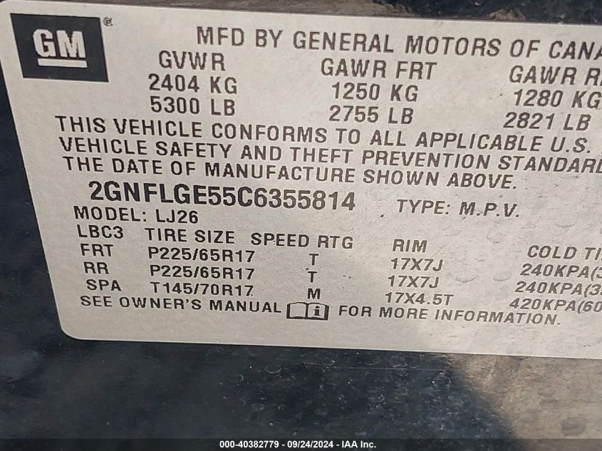 2GNFLGE55C6355814 2012 Chevrolet Equinox Ltz