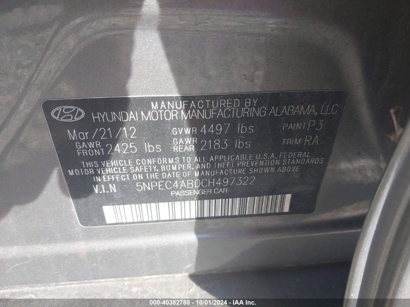 5NPEC4AB0CH497322 2012 Hyundai Sonata Se 2.0T