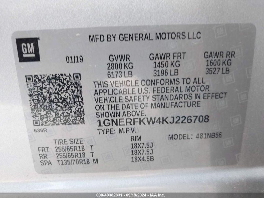 2019 Chevrolet Traverse Ls VIN: 1GNERFKW4KJ226708 Lot: 40382831