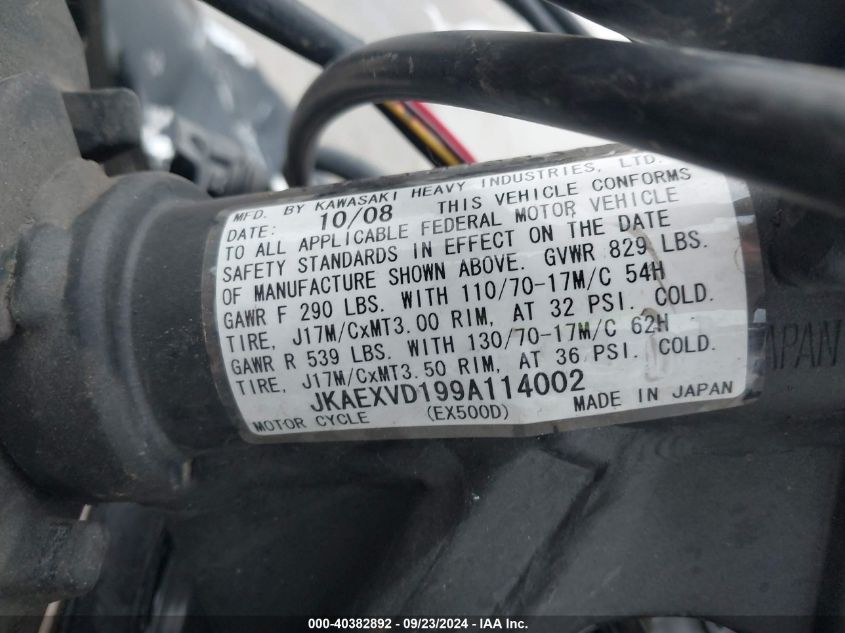 2009 Kawasaki Ex500 D VIN: JKAEXVD199A114002 Lot: 40382892