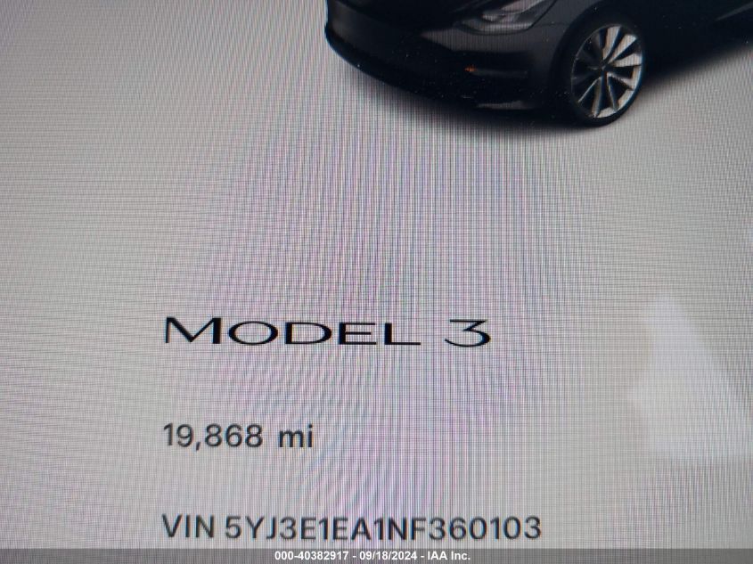 2022 Tesla Model 3 VIN: 5YJ3E1EA1NF360103 Lot: 40382917