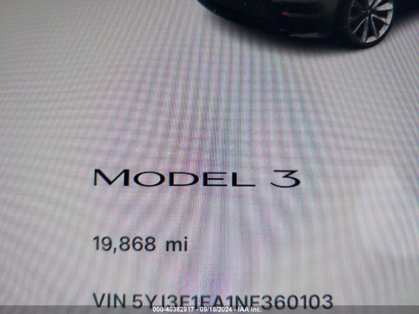 2022 Tesla Model 3 VIN: 5YJ3E1EA1NF360103 Lot: 40382917