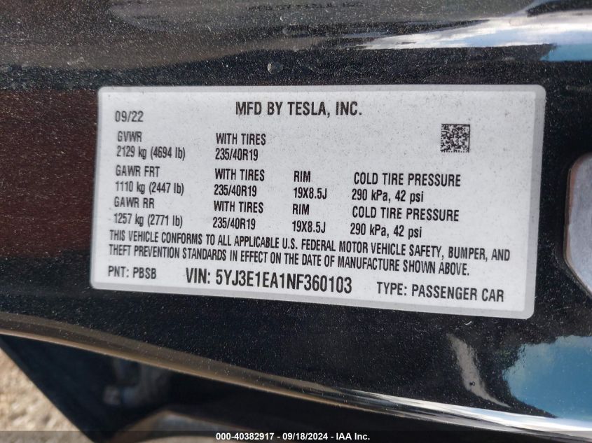 2022 Tesla Model 3 VIN: 5YJ3E1EA1NF360103 Lot: 40382917